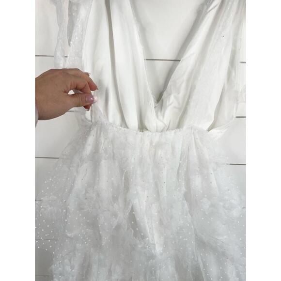 JUST ME White Lace Sleeveless Deep V-Neck Tiered Midi Dress Size L Open Back - Picture 7 of 16